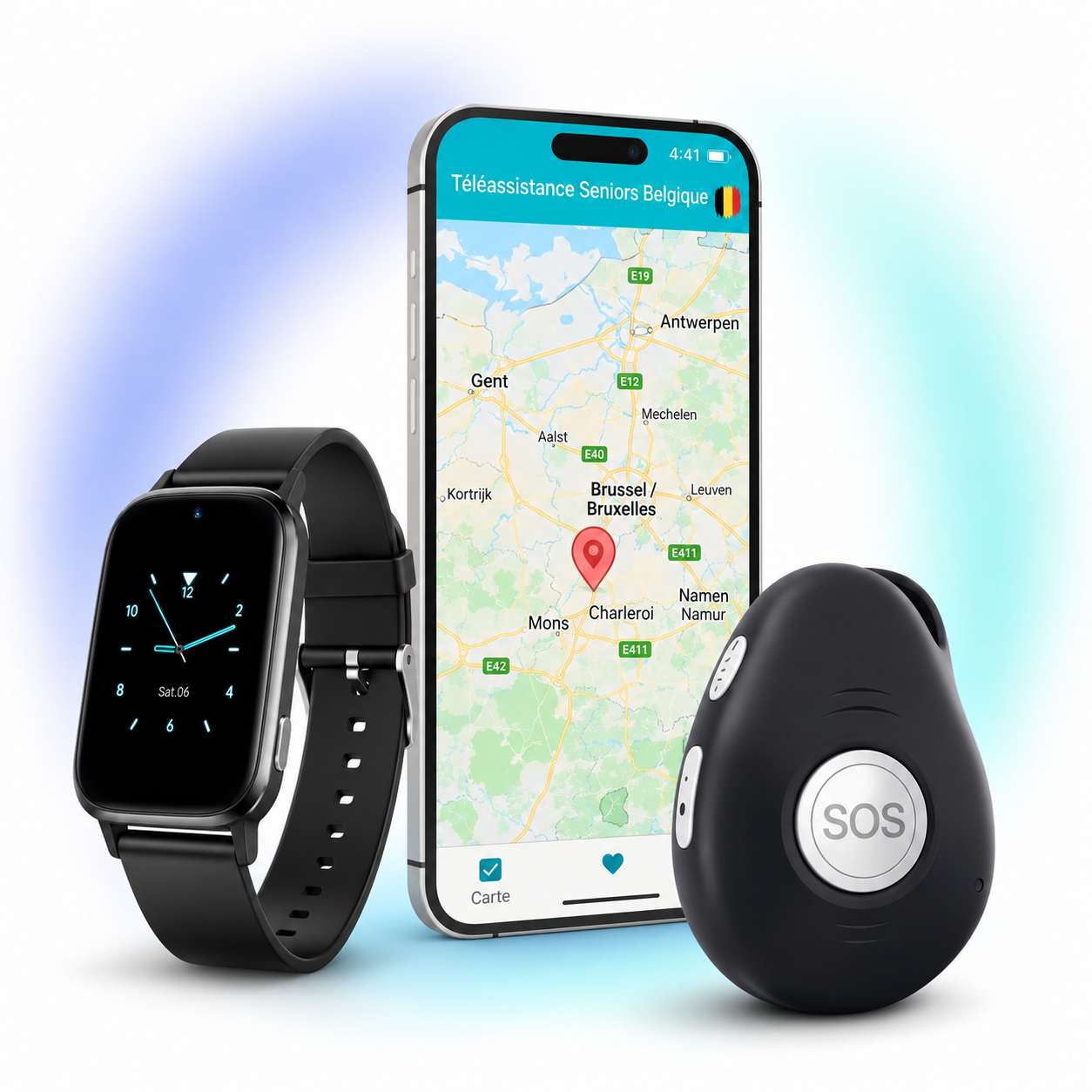 La Montre d'alarme Mini, l'application avec la carte de la Belgique et le bouton d'alarme étanche de Téléassistance Seniors Belgique